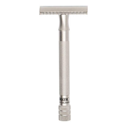 Front view of the Merkur 25 INOX open comb safety razor with long knurled handle.