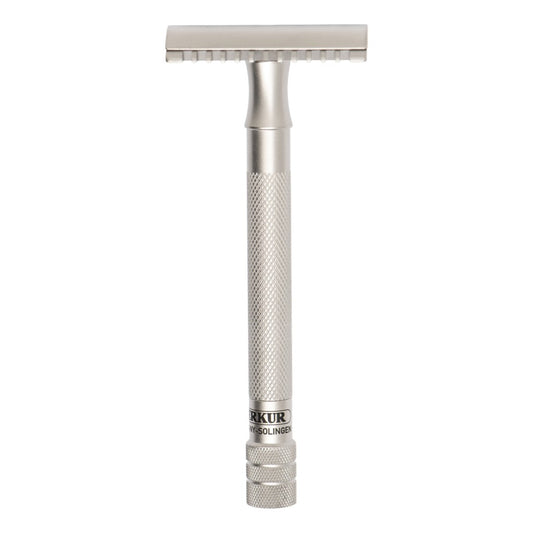 Front view of the Merkur 25 INOX open comb safety razor with long knurled handle.