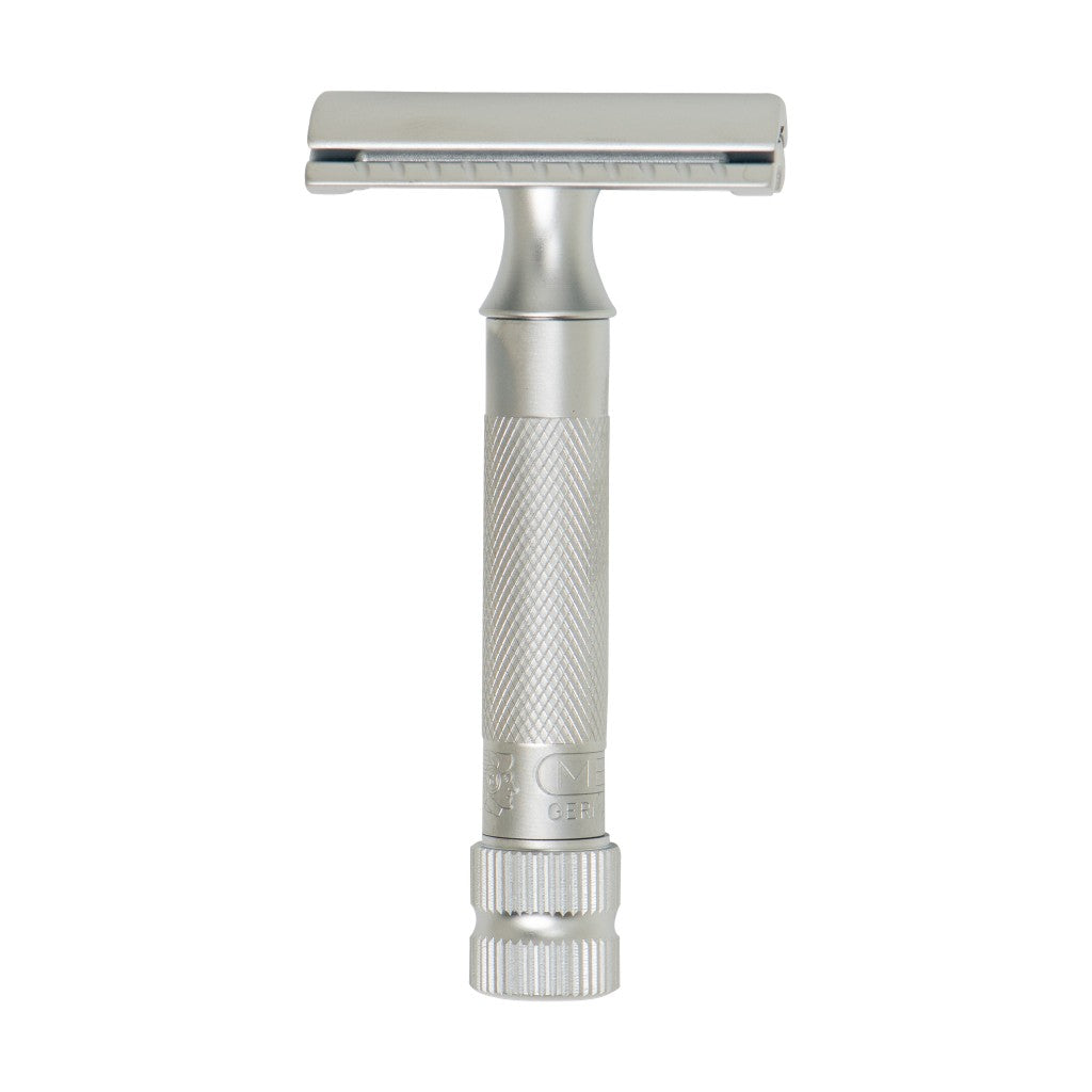 Merkur 34C matt chrome safety razor with closed comb and compact heavy duty design - Front