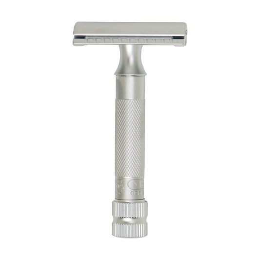 Merkur 34C matt chrome safety razor with closed comb and compact heavy duty design - Front