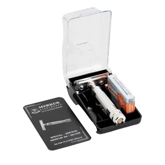 Merkur 34S Silver Plated Safety Razor With 10 Double Edge Blades In Vintage Plastic Case