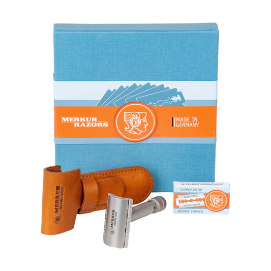 Merkur 34 INOX stainless steel safety razor special edition with leather case and blades and box