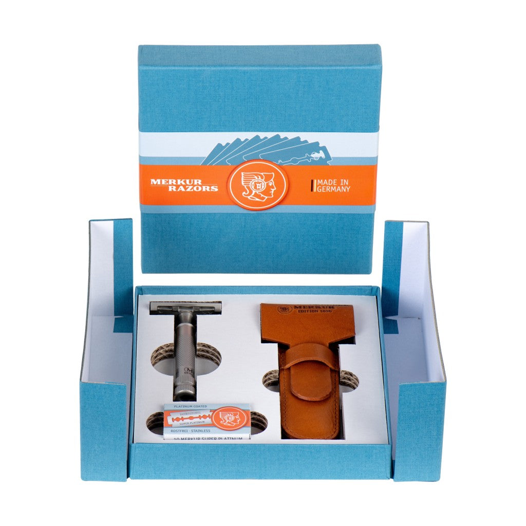 Merkur 34 INOX stainless steel safety razor special edition with leather case and blades - box display