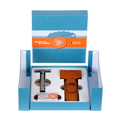 Merkur 34 INOX stainless steel safety razor special edition with leather case and blades - box display
