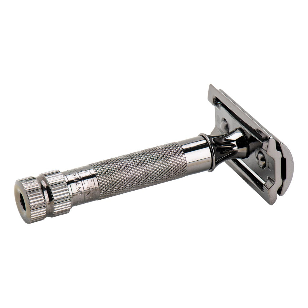 Underside view of the Merkur 34C Metallic Grey razor head and textured short handle.