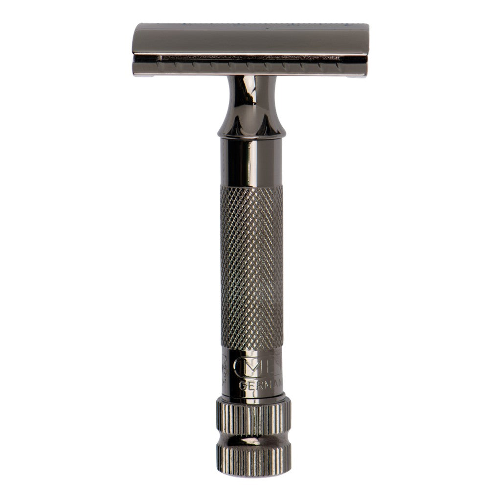 Front view of the Merkur 34C Metallic Grey closed comb safety razor.