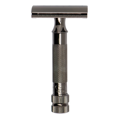 Front view of the Merkur 34C Metallic Grey closed comb safety razor.