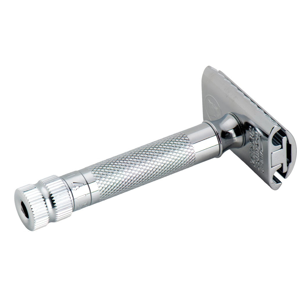 A classic stainless steel safety razor with a textured knurled handle and a rectangular guard, shown on a plain white background. Merkur 34 ADJ Adjustable Safety Razor