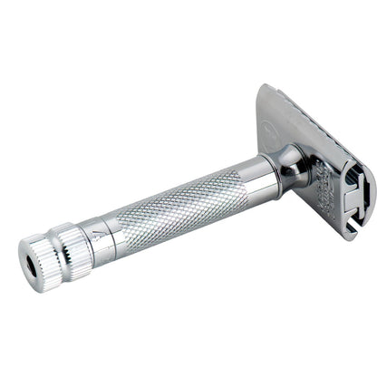 A classic stainless steel safety razor with a textured knurled handle and a rectangular guard, shown on a plain white background. Merkur 34 ADJ Adjustable Safety Razor