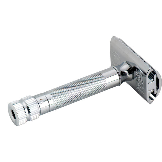 A classic stainless steel safety razor with a textured knurled handle and a rectangular guard, shown on a plain white background. Merkur 34 ADJ Adjustable Safety Razor