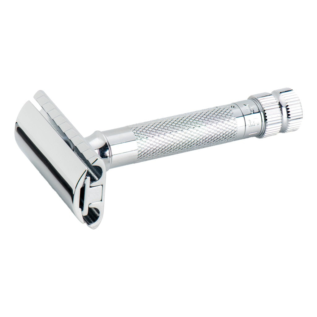 A classic double-edge safety razor with a polished chrome finish, featuring a textured knurled grip handle and a ribbed adjustment dial on the end, shown against a plain white background.