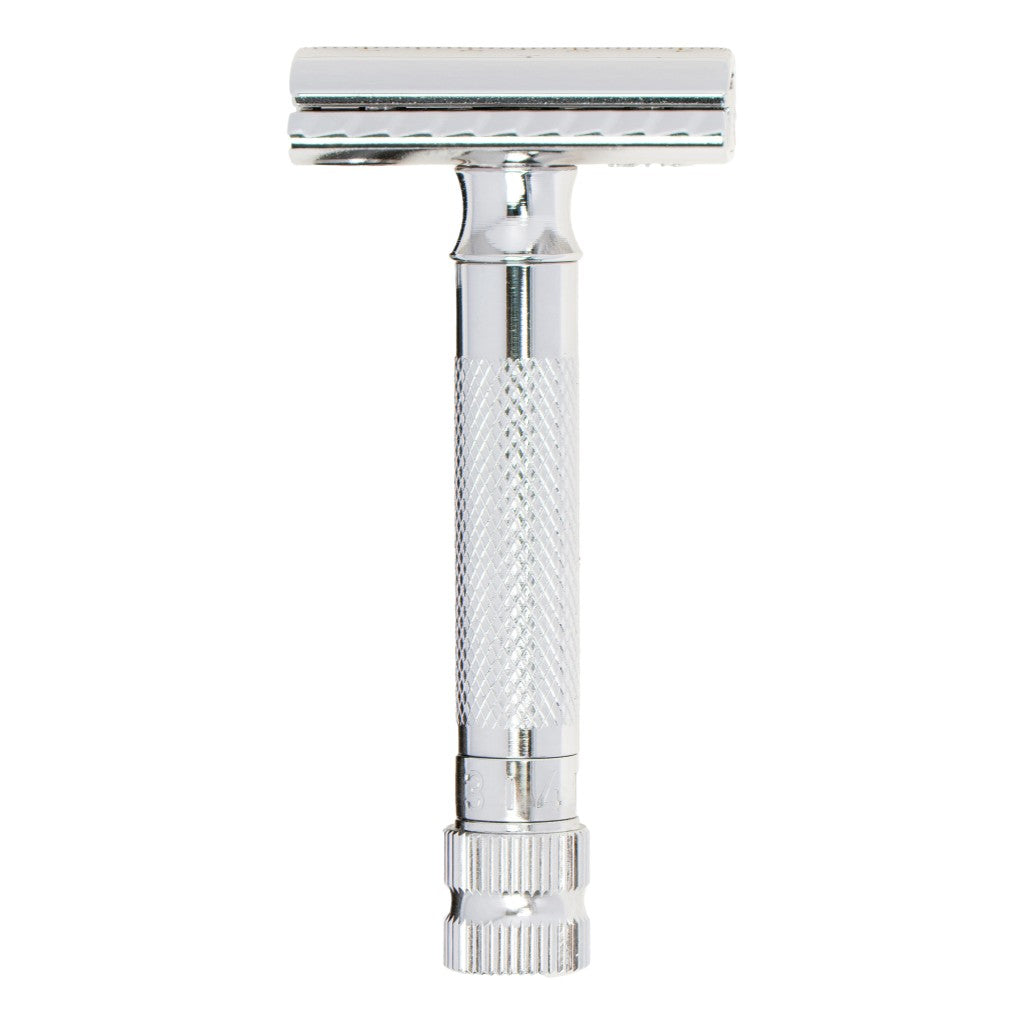 Silver safety razor on a white background Merkur 34 ADJ Adjustable Safety Razor