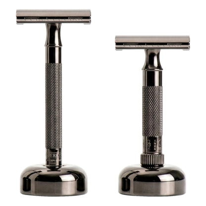 Two Merkur safety razors displayed in 4006 metallic grey stands