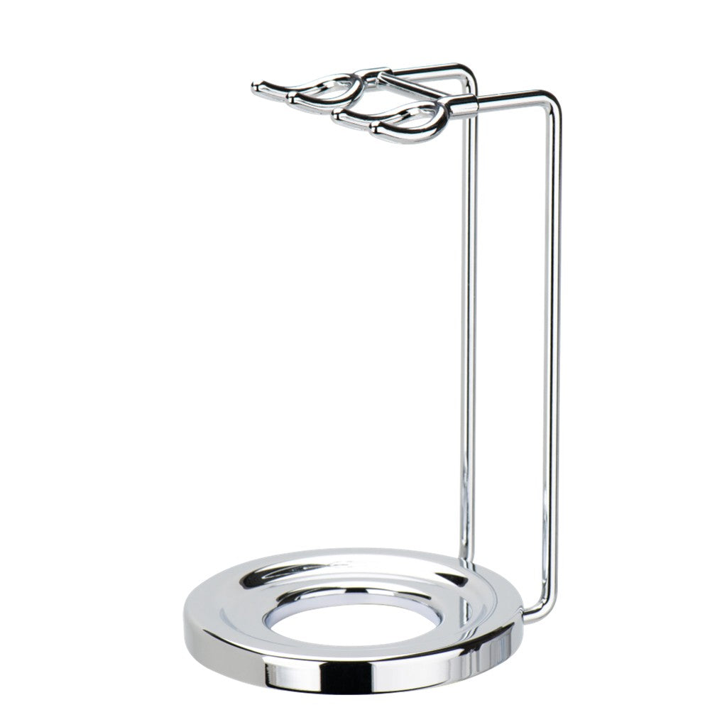 Merkur 4751 bright chrome brush and razor stand with round weighted base and two stage bore - Front