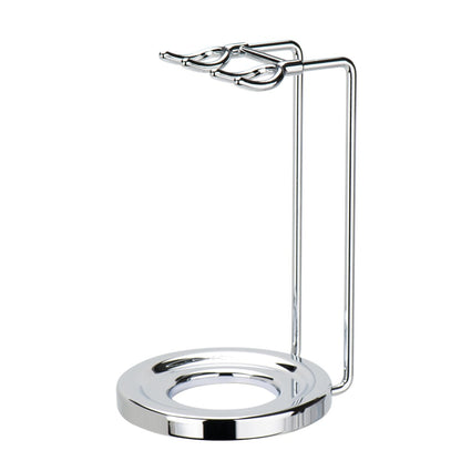Merkur 4751 bright chrome brush and razor stand with round weighted base and two stage bore - Front