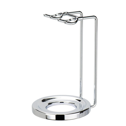 Merkur 4751 bright chrome brush and razor stand with round weighted base and two stage bore - Front