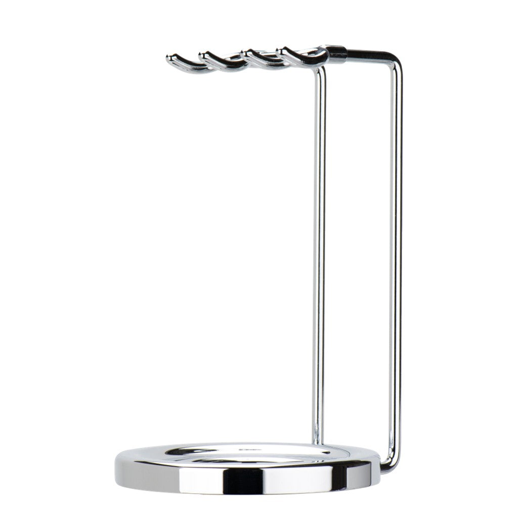 Merkur 4751 bright chrome brush and razor stand with round weighted base and two stage bore - Front 2