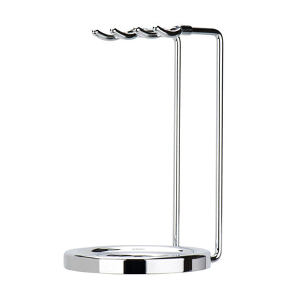 Merkur 4751 bright chrome brush and razor stand with round weighted base and two stage bore - Front 2