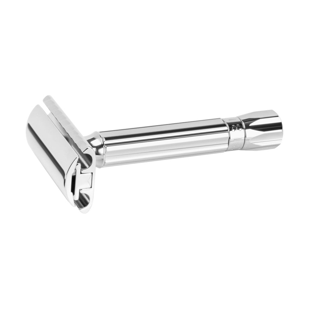 Merkur 500 Progress bright chrome adjustable safety razor with engraved adjustment knob - Front
