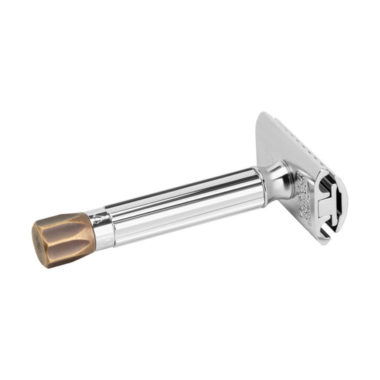 Merkur 500 Progress adjustable safety razor with antique brass knob and bright chrome finish - Back View