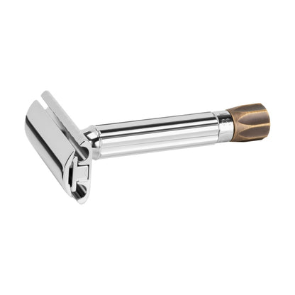 Merkur 500 Progress adjustable safety razor with antique brass knob and bright chrome finish - Front View