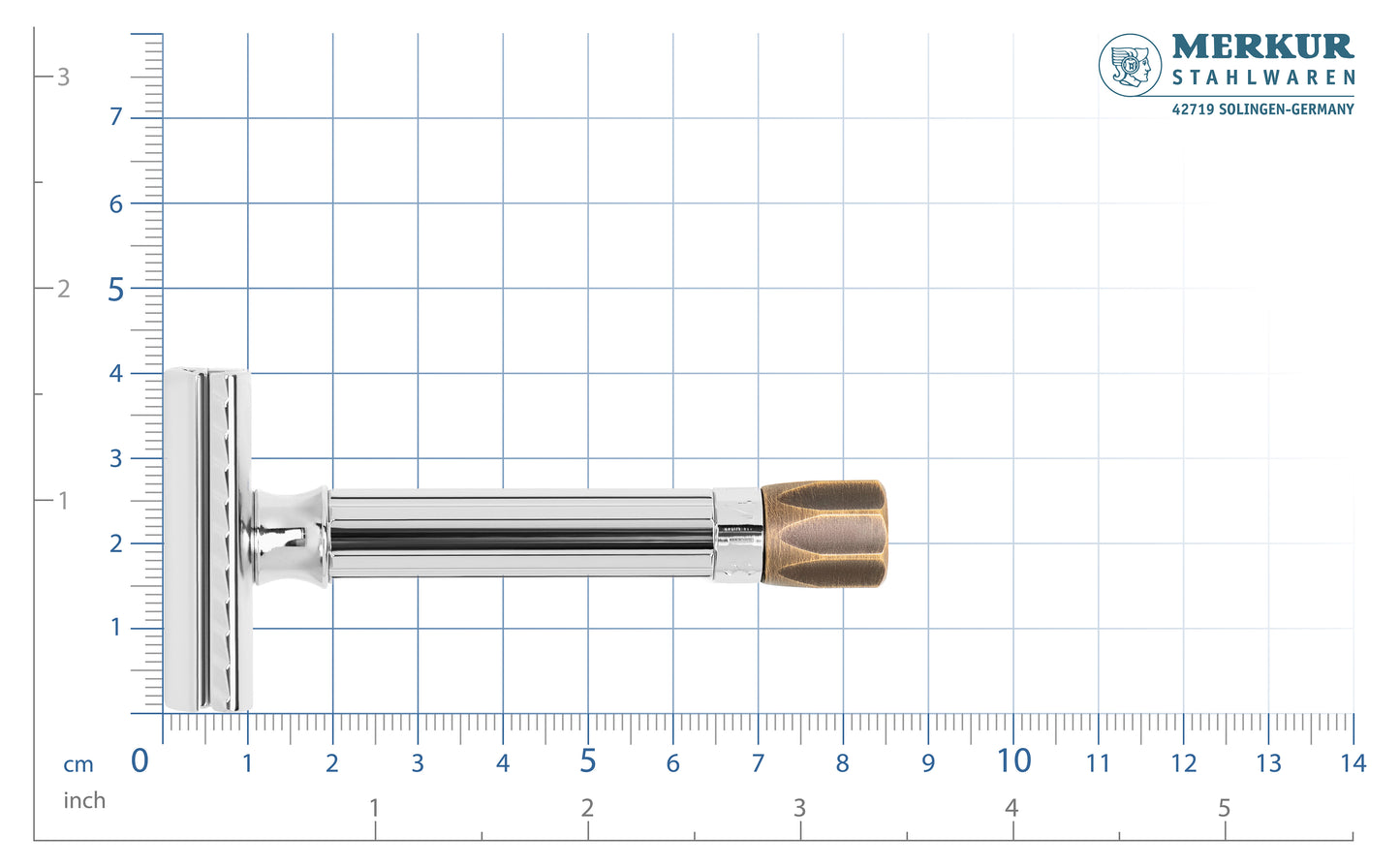 Merkur 500 Progress adjustable safety razor with antique brass knob and bright chrome finish - Scale