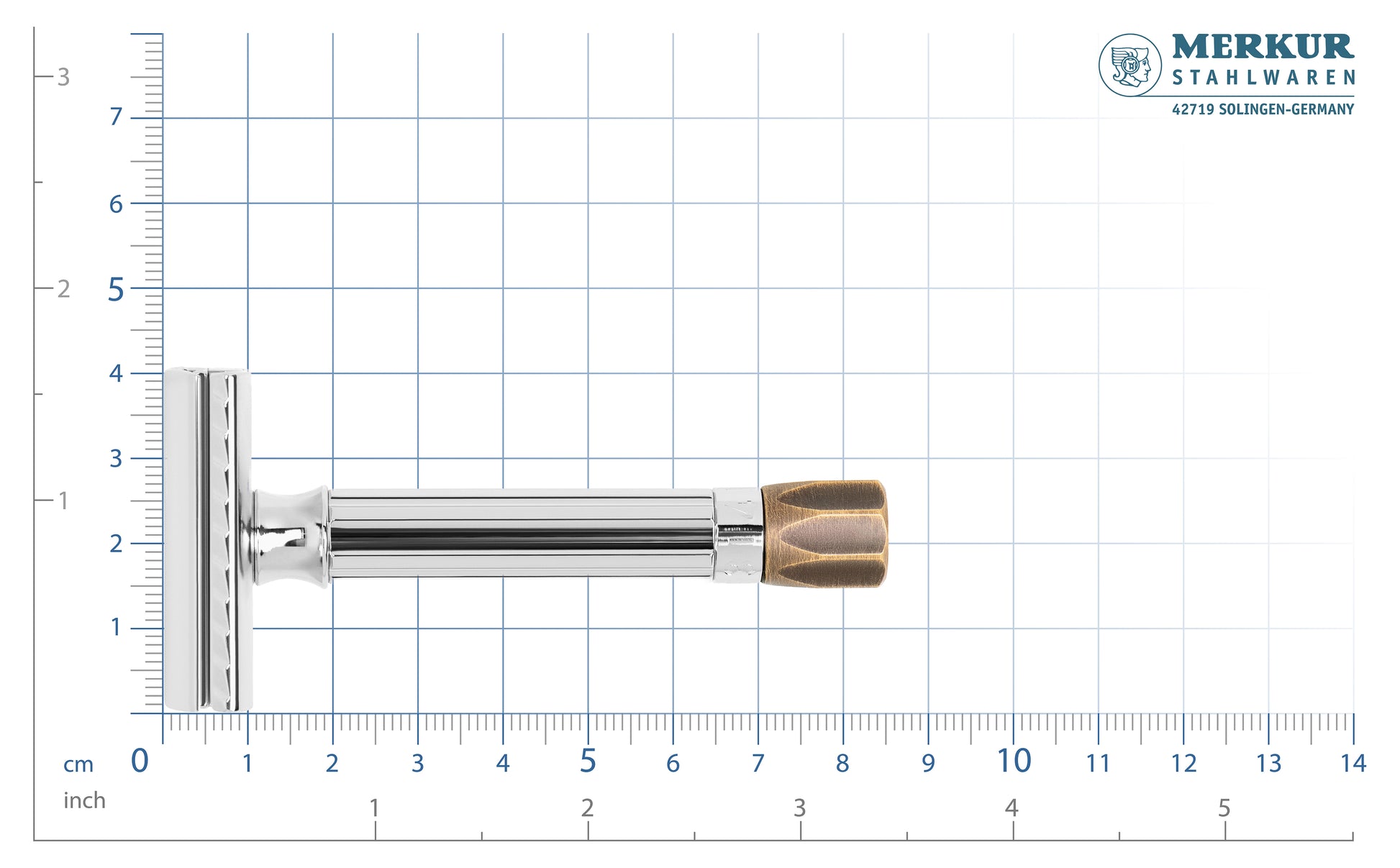 Merkur 500 Progress adjustable safety razor with antique brass knob and bright chrome finish - Scale