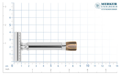 Merkur 500 Progress adjustable safety razor with antique brass knob and bright chrome finish - Scale