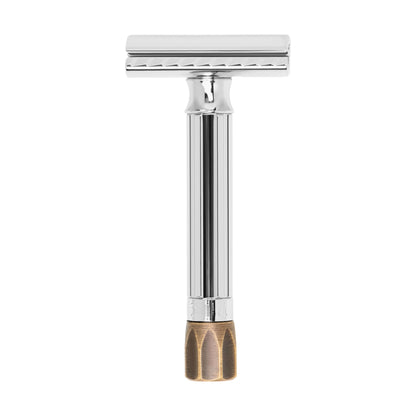 Merkur 500 Progress adjustable safety razor with antique brass knob and bright chrome finish - Top View