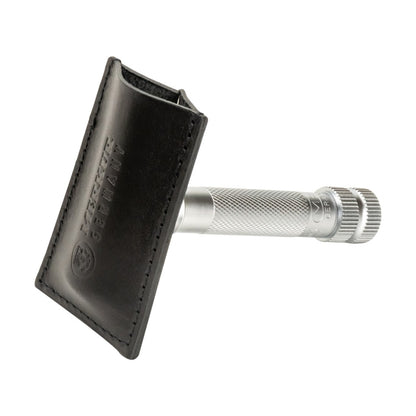 Merkur black leather blade protector made from vegetable tanned cowhide for safety razor storage - Front View