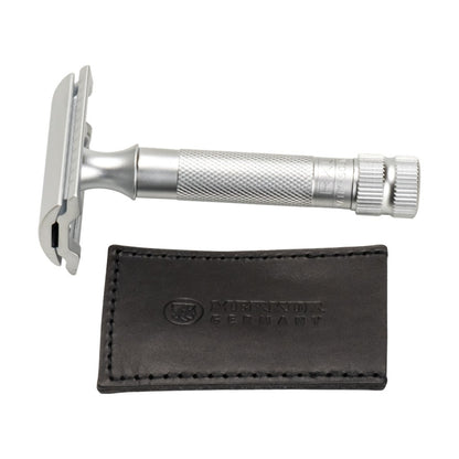 Merkur black leather blade protector made from vegetable tanned cowhide for safety razor storage - Side View