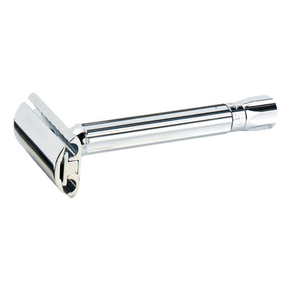 A classic safety razor with a polished chrome finish, shown from a side profile against a solid white background.