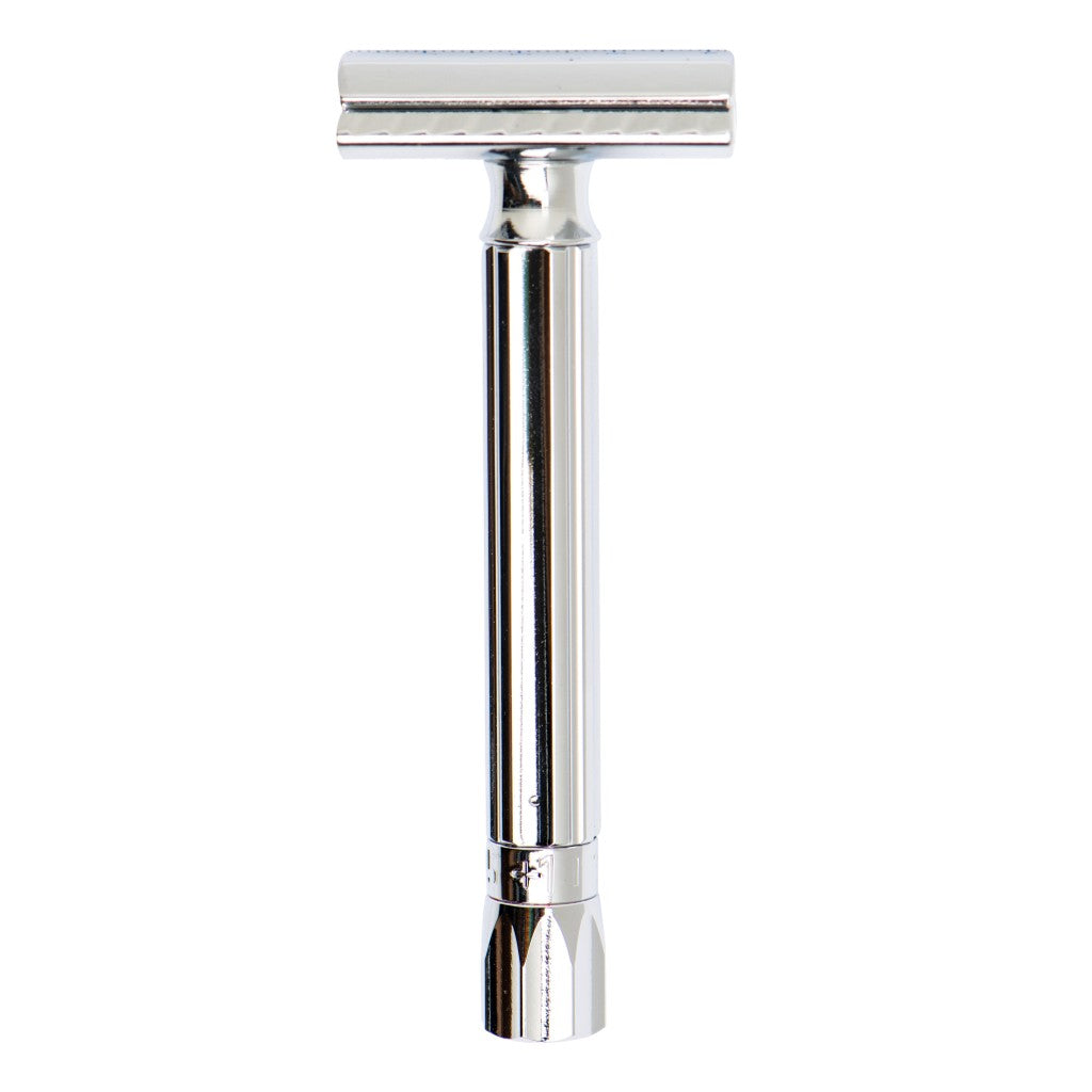 A polished chrome double-edge safety razor shown vertically against a plain white background.