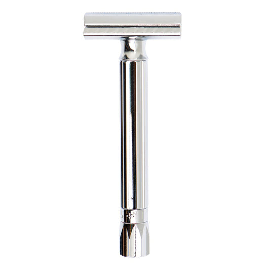A polished chrome double-edge safety razor shown vertically against a plain white background.