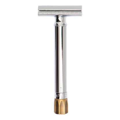 Front view of the Merkur 510 Progress adjustable razor with antique brass knob.
