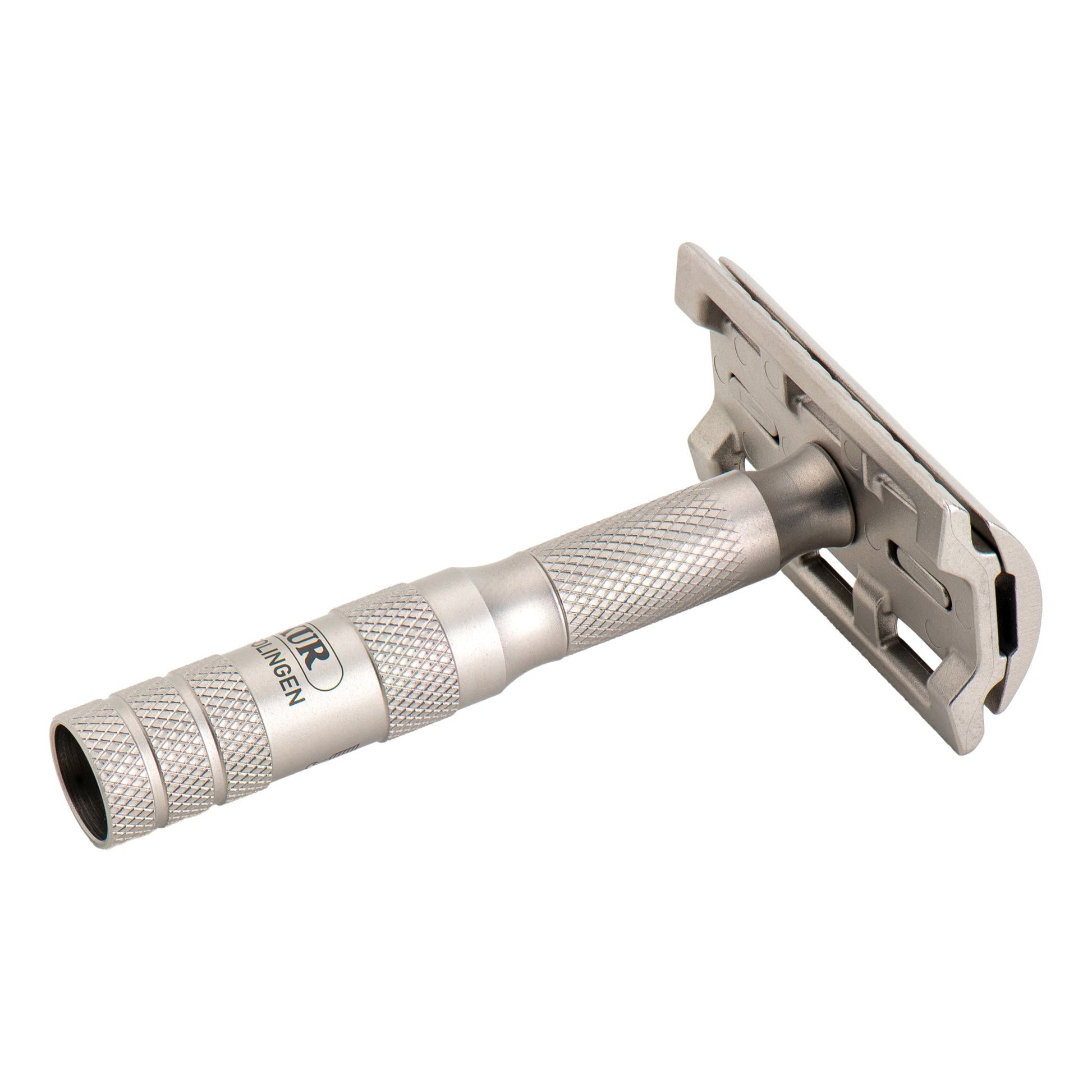 Rear view of the Merkur 933 INOX travel razor with leather case