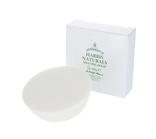 D.R. Harris Naturals shaving soap bar and packaging on a white background