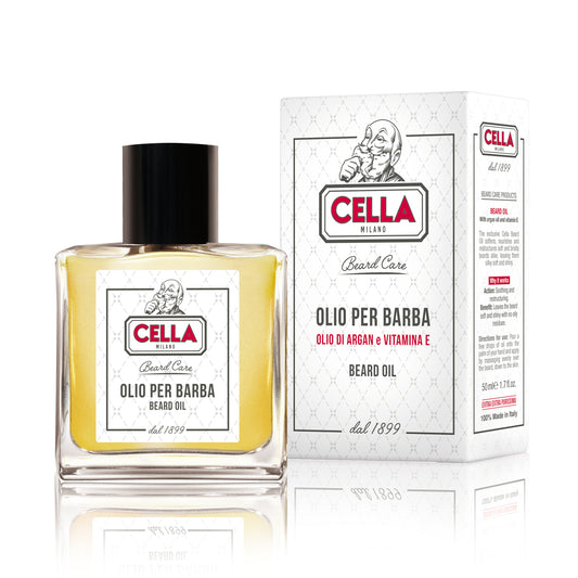 Beard oil bottle and packaging with Cella branding on a white background