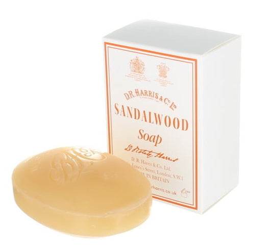 D.R. Harris Sandalwood soap bar with packaging on a white background