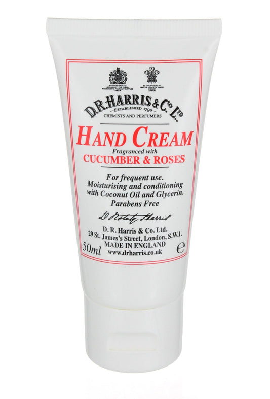Tube of D.R. Harris hand cream with cucumber and roses fragrance on a white background