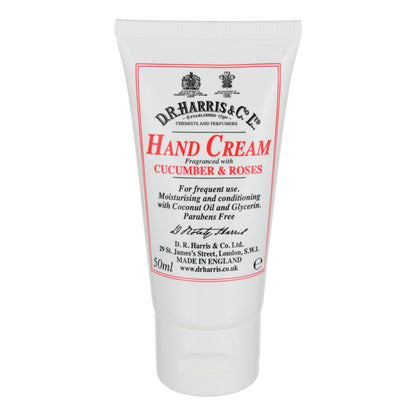 Tube of D.R. Harris hand cream with cucumber and roses fragrance on a white background