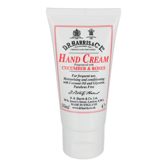 Tube of D.R. Harris hand cream with cucumber and roses fragrance on a white background