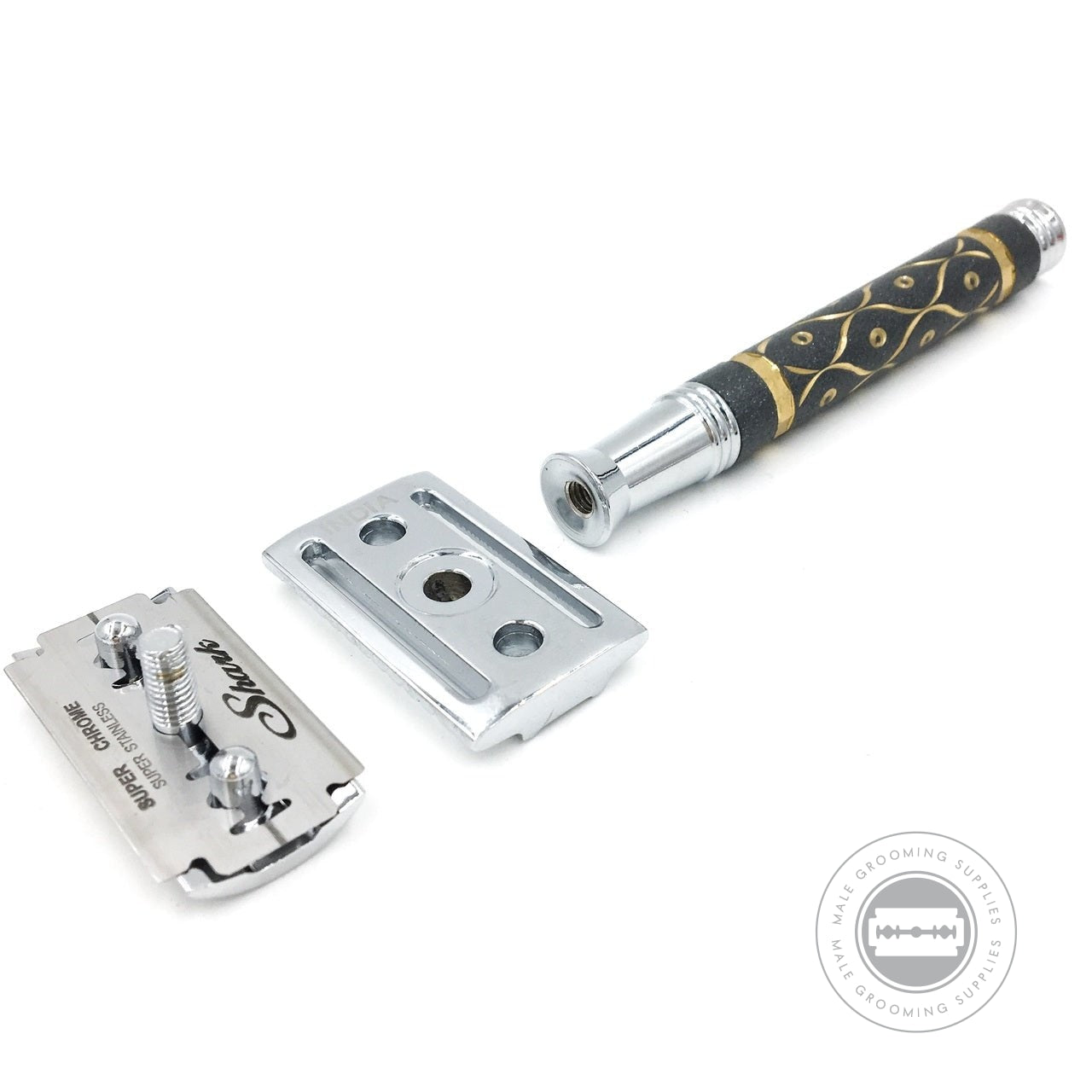 Disassembled Parker 65R Safety Razor showcasing its three-piece design, intricate dark grey and gold handle, and chrome-plated components.