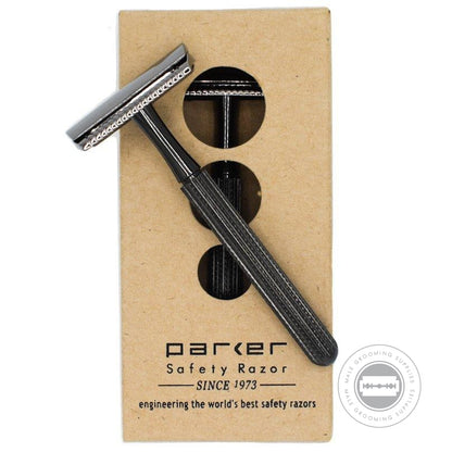 Parker Model No. 78R-GR safety razor with a dark grey graphite finish displayed in eco-friendly packaging, featuring its textured handle through cutouts.