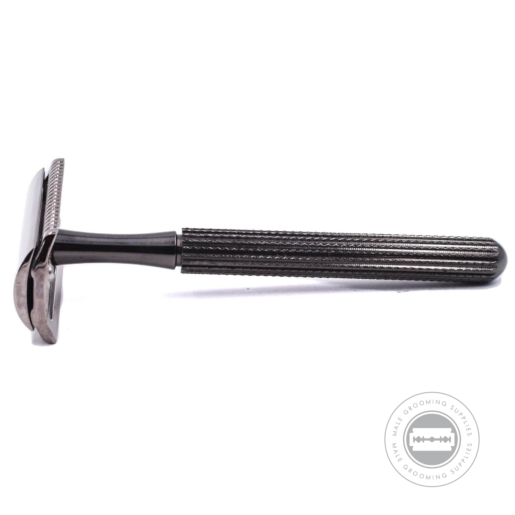 Side view of the Parker 78R-GR safety razor showcasing its sleek, dark grey textured handle and chrome-plated closed comb head.