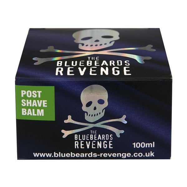 The Bluebeards Revenge Post-Shave Balm 100ml, premium packaging showcasing a stylish dark blue box with the signature skull and crossbones logo."