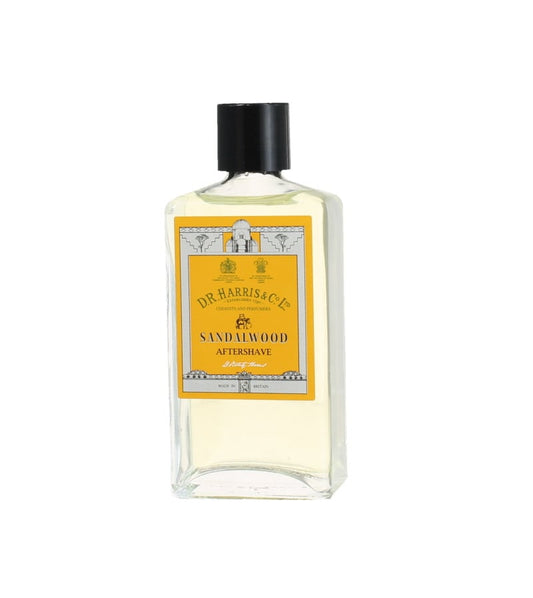 Bottle of D.R. Harris Sandalwood Aftershave on a white background