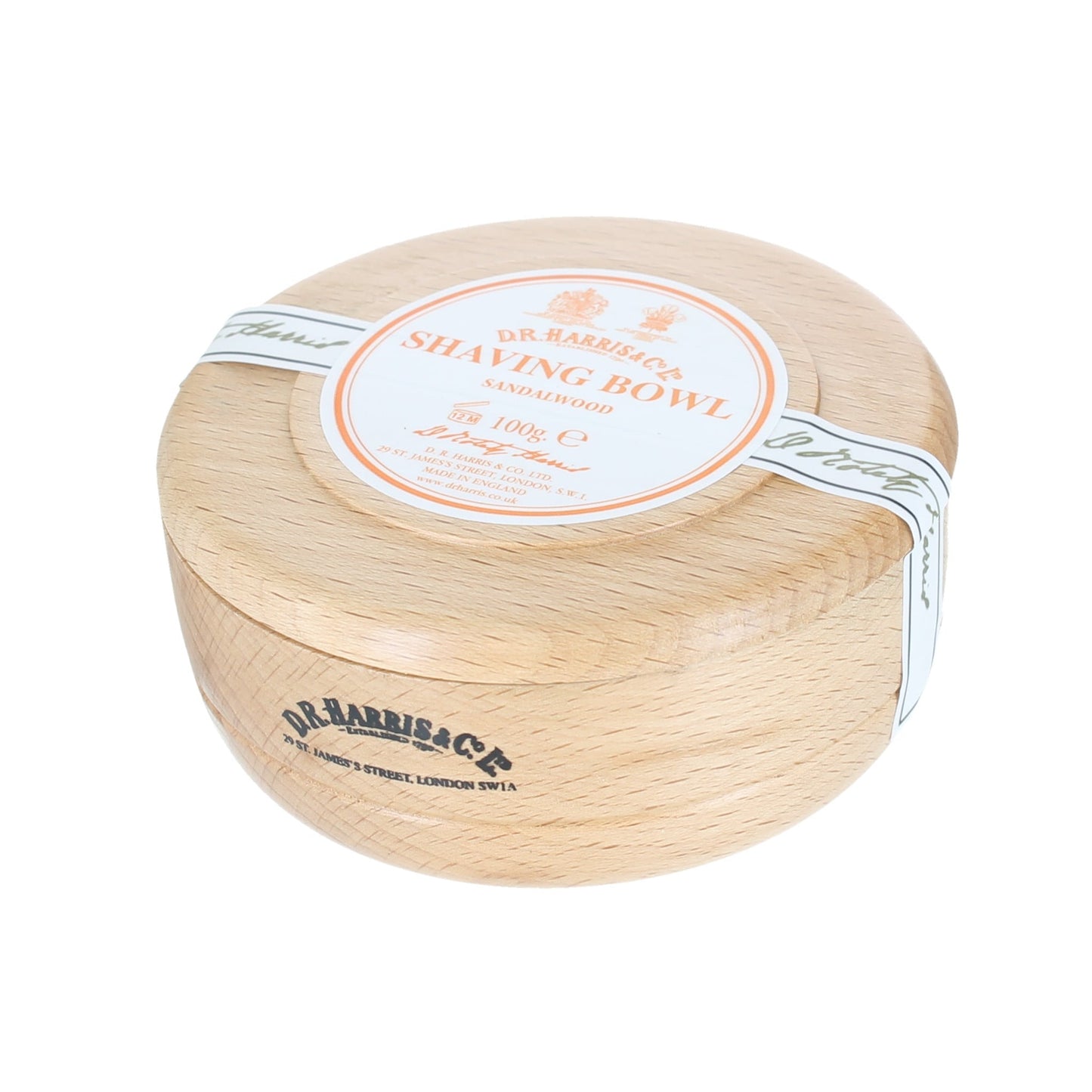 D.R. Harris Sandalwood Shaving Soap in beech wood bowl for traditional wet shaving