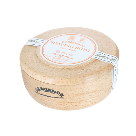D.R. Harris Sandalwood Shaving Soap in beech wood bowl for traditional wet shaving