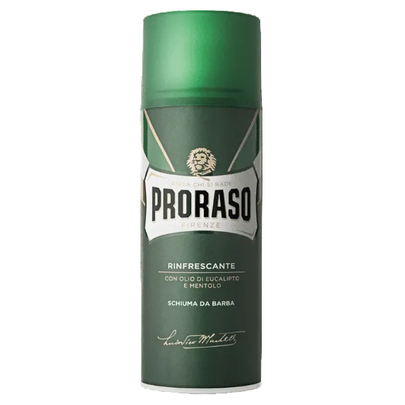 Proraso shaving foam can on a green background